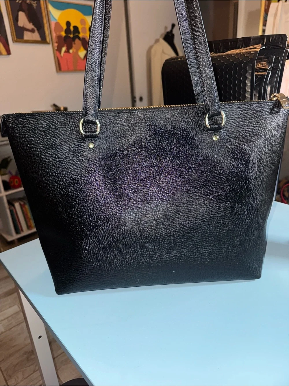 Coach Black Leather Zip Pocket Tote with Gold Hardware